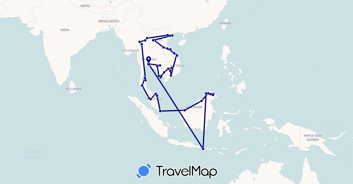 TravelMap itinerary: driving in Indonesia, Cambodia, Laos, Malaysia, Singapore, Thailand, Vietnam (Asia)